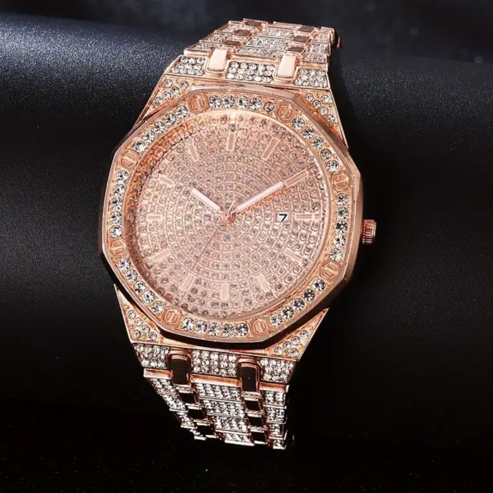 New Men's Bling Watch Big Dial Calendar Date Rose Gold Steel Band Hip Hop Watch - Picture 1 of 2